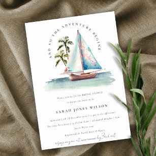 Dusky Teal Sailboat Palm Seascape Bridal Shower Invitation