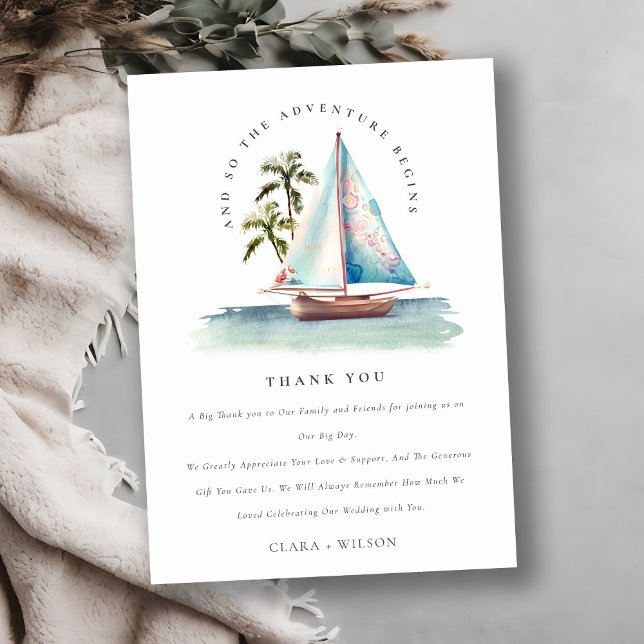 Dusky Teal Sailboat Palm Seascape Bridal Shower Thank You Card (Creator Uploaded)