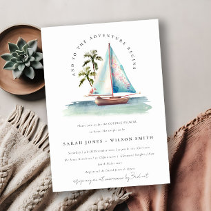 Dusky Teal Sailboat Palm Seascape Couples Shower Invitation
