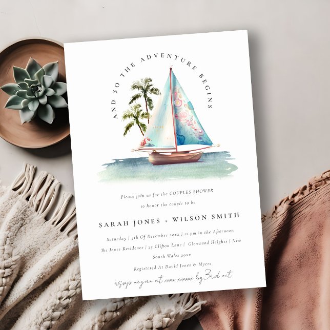 Dusky Teal Sailboat Palm Seascape Couples Shower Invitation (Creator Uploaded)