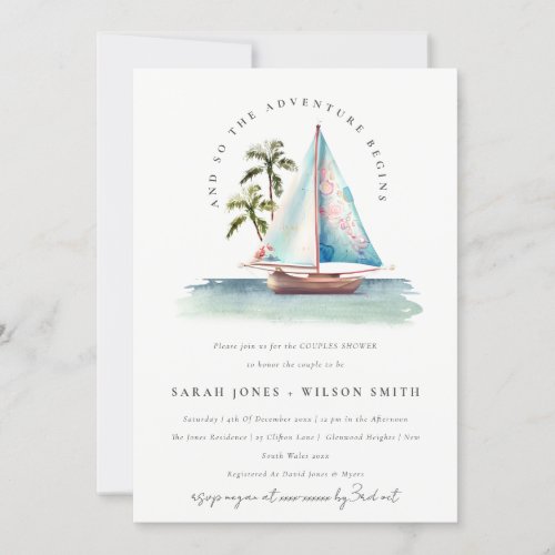 Dusky Teal Sailboat Palm Seascape Couples Shower Invitation