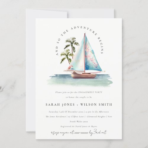 Dusky Teal Sailboat Palm Seascape Engagement Invitation