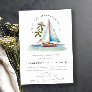 Dusky Teal Sailboat Palm Seascape Engagement Invitation