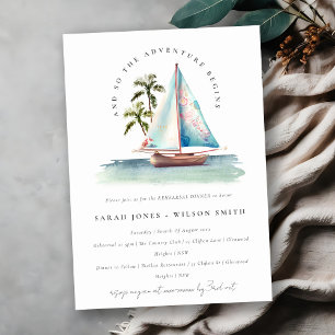 Dusky Teal Sailboat Palm Seascape Rehearsal Dinner Invitation