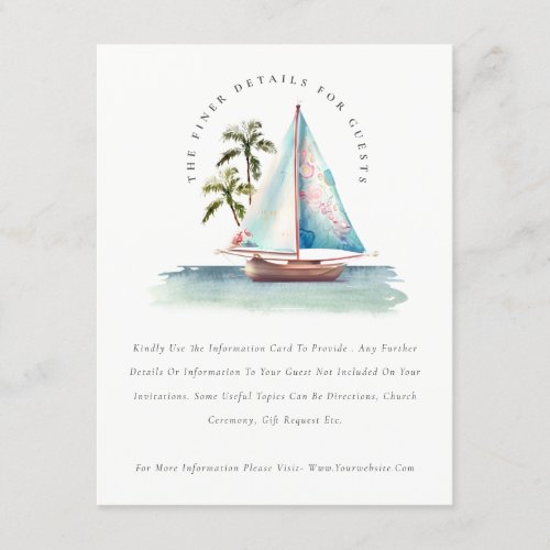 Dusky Teal Sailboat Palm Seascape Wedding Details Enclosure Card
