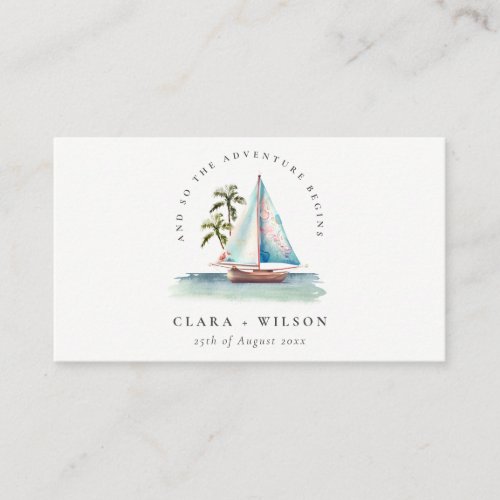 Dusky Teal Sailboat Palm Seascape Wedding Website Enclosure Card