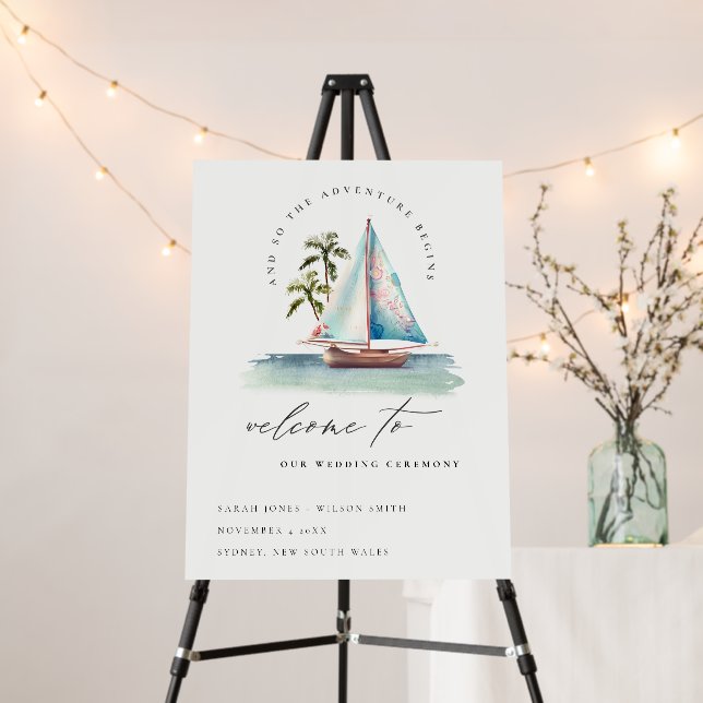 Dusky Teal Sailboat Palm Seascape Wedding Welcome Foam Board (In Situ (Stand))