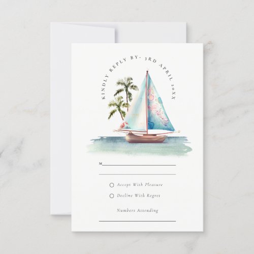 Dusky Teal Sailboat Palm Trees Seascape Wedding RSVP Card