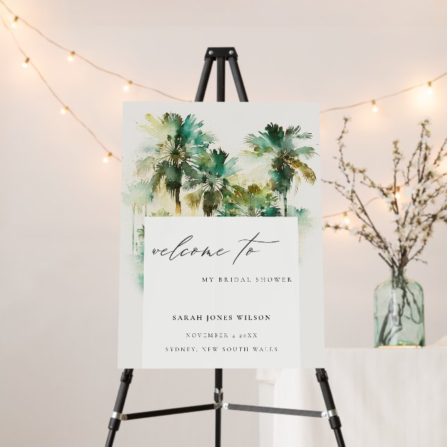 Dusky Tropical Palm Trees Bridal Shower Welcome Foam Board (In Situ (Stand))