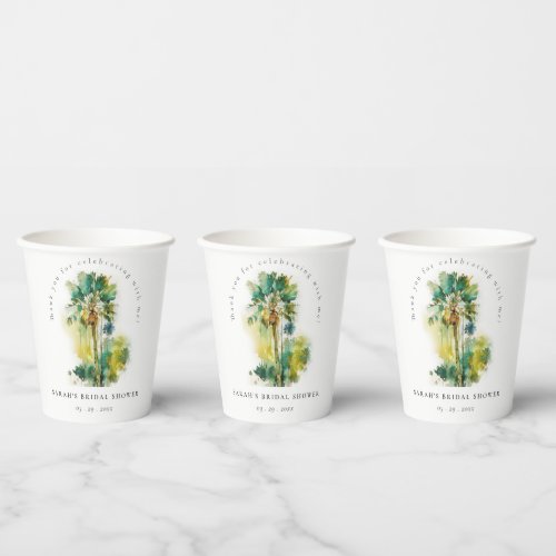 Dusky Tropical Watercolor Palm Trees Bridal Shower Paper Cups