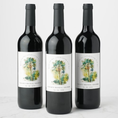 Dusky Tropical Watercolor Palm Trees Bridal Shower Wine Label
