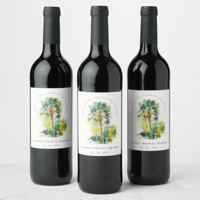 Dusky Tropical Watercolor Palm Trees Bridal Shower Wine Label (Bottles)