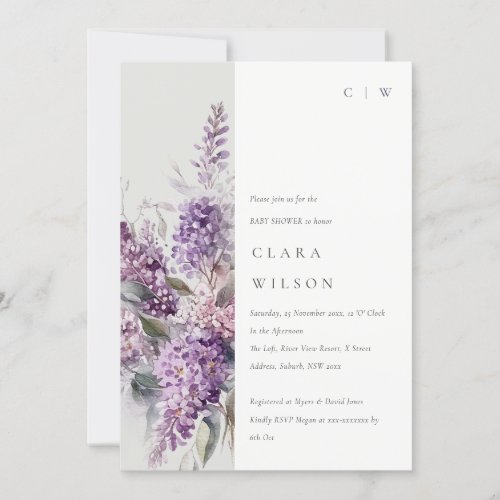 Dusky Watercolor Lilac Cottage Floral Baby Shower Invitation