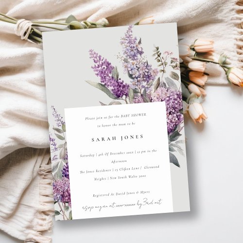 Dusky Watercolor Lilac Cottage Floral Baby Shower Invitation