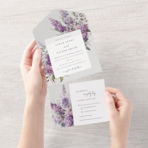 Dusky Watercolor Lilac Cottage Floral Wedding All In One Invitation