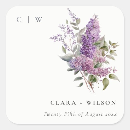 Dusky Watercolor Lilac Cottage Floral Wedding Square Sticker