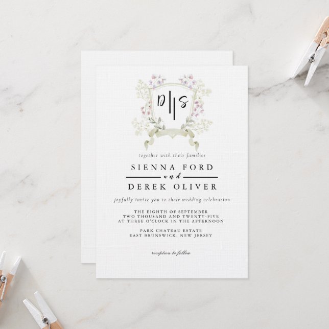 Dusky Wildflower Monogram Crest Wedding Invitation (Front/Back In Situ)