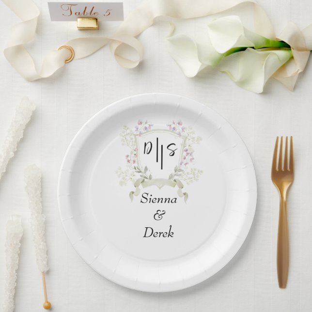 Dusky Wildflower Monogram Crest Wedding Paper Plates (Wedding)
