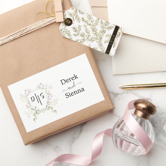 Dusky Wildflower Monogram Crest Wedding Rectangular Sticker (Gifting)