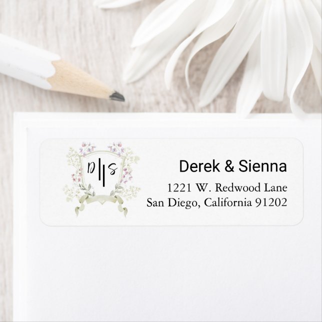 Dusky Wildflower Monogram Crest Wedding Return  Label (Insitu)