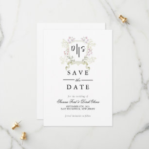 Dusky Wildflower Monogram Crest Wedding Save The Date