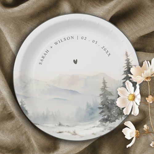 Dusky Winter Snow Mountain Landscape Wedding Paper Plates