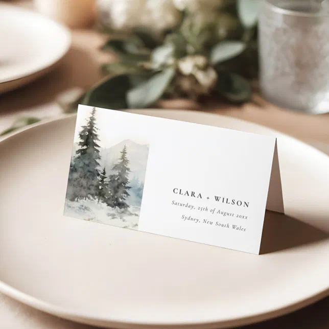 Dusky Winter Snow Mountain Landscape Wedding Place Card | Zazzle