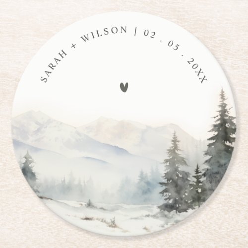 Dusky Winter Snow Mountain Landscape Wedding Round Paper Coaster