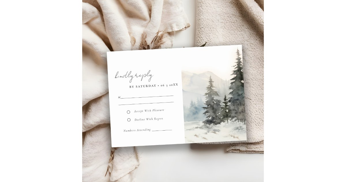Dusky Winter Snow Mountain Landscape Wedding RSVP Card | Zazzle