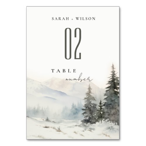 Dusky Winter Snow Mountain Landscape Wedding Table Number