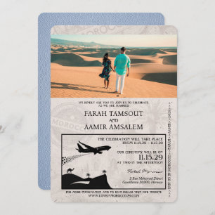 Dusrty Blue Morocco Passport Wedding Invitation