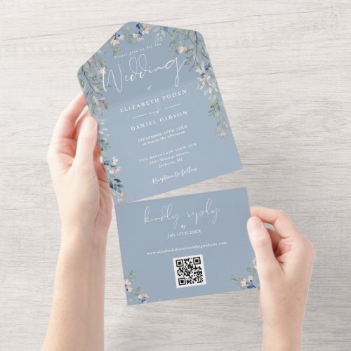 Dust Blue Floral Greenery Script QR Code Wedding All In One Invitation
