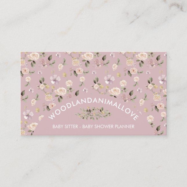Dust Pink Flower Pattern Botanical Baby Sitter Business Card (Front)