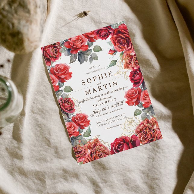 Dust Red Roses Gold Flower Wedding  Invitation (Creator Uploaded)