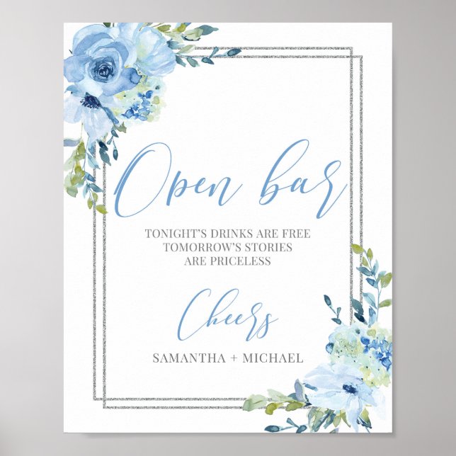 Dustu blue floral silver geometric open bar sign (Front)