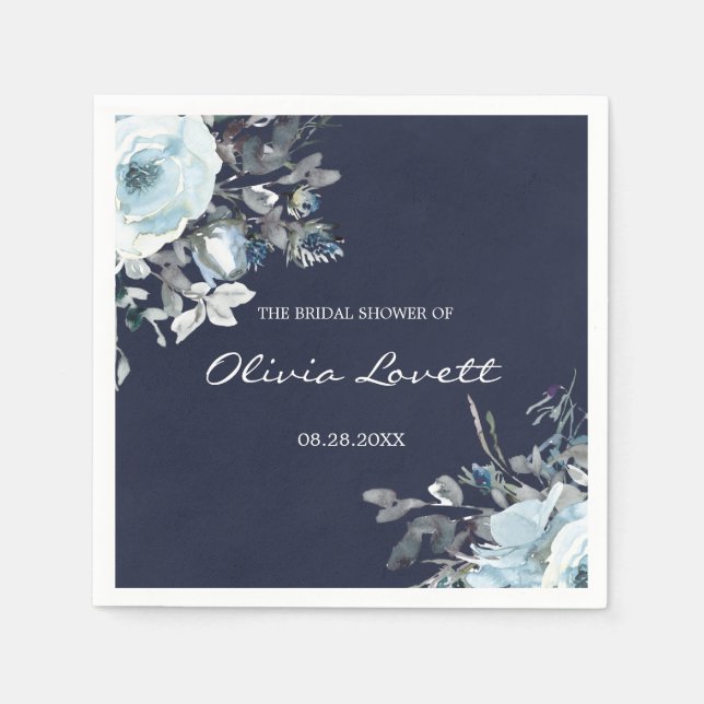 Dusty and Navy Blue Botanical Floral Bridal Shower Napkins (Front)