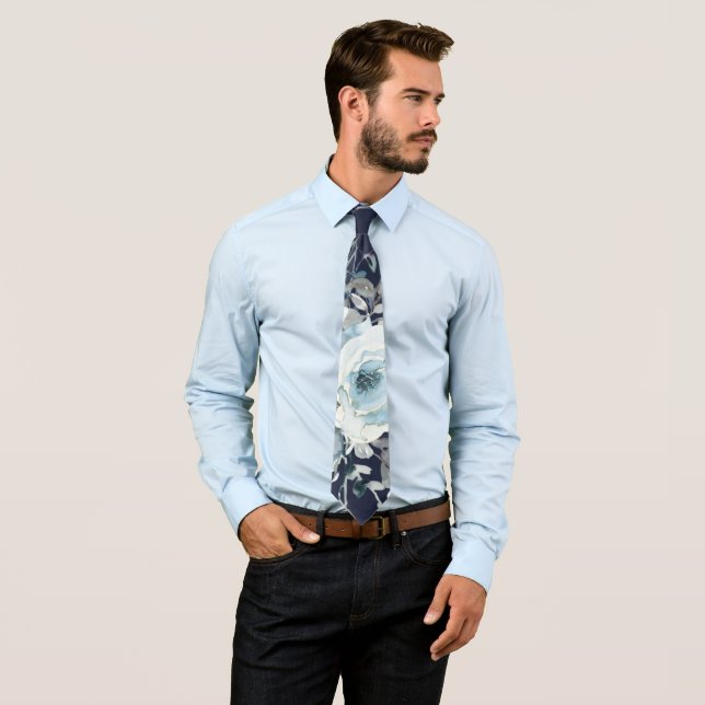 Dusty and Navy Blue Botanical Floral Wedding Neck Tie (In Situ)