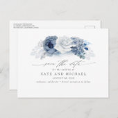 Dusty and Navy Blue Floral Boho Save the Date Postcard (Front/Back)