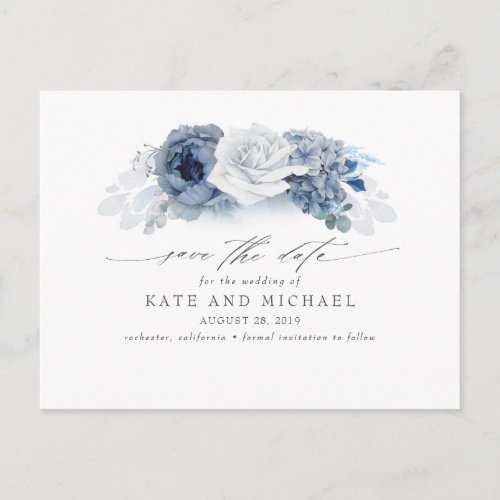 Dusty and Navy Blue Floral Boho Save the Date Postcard