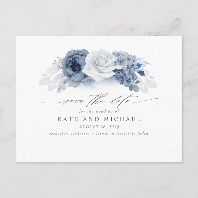 Dusty and Navy Blue Floral Boho Save the Date Postcard (Front)