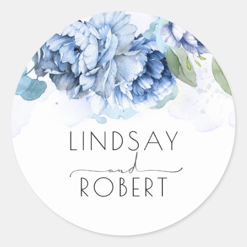Dusty and Navy Blue Floral Wedding Classic Round Sticker