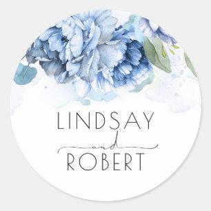 Dusty and Navy Blue Floral Wedding Classic Round Sticker