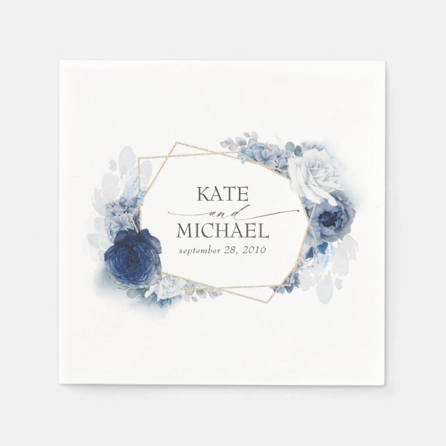 Dusty and Navy Blue Floral Wedding Napkins (Front)