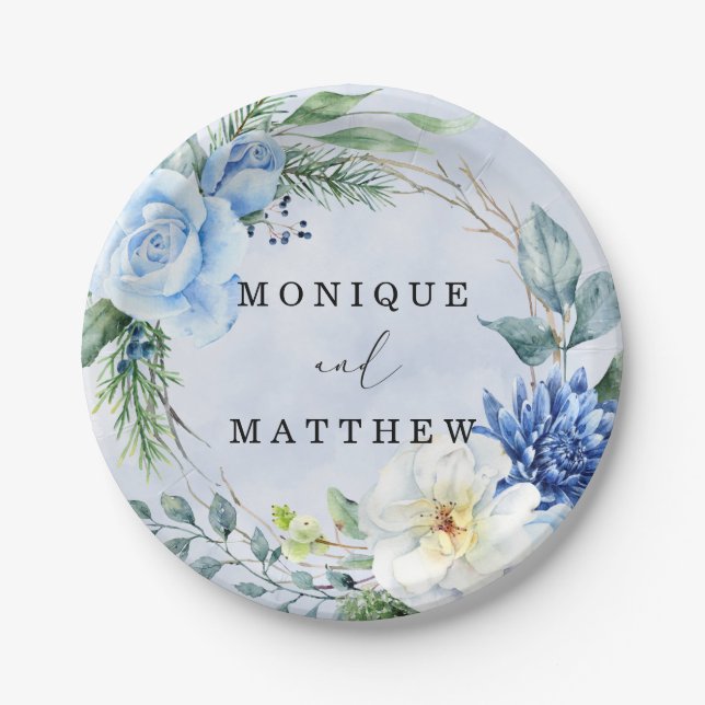 Dusty and Navy Blue Floral Wedding Paper Plates (Front)
