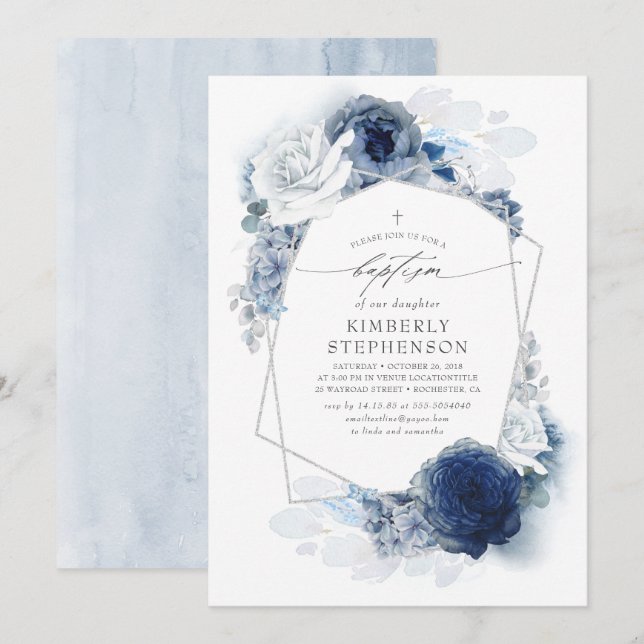 Dusty and Navy Blue Flowers Elegant Modern Baptism Invitation (Front/Back)