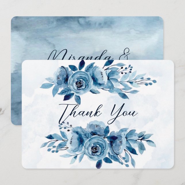 Dusty and Navy Blue Paint Peony Wedding Thank You Invitation (Front/Back)