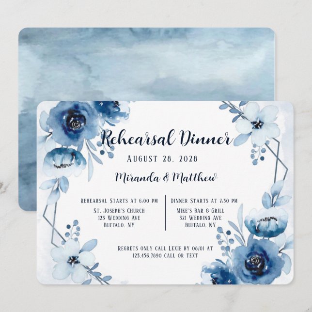 Dusty And Navy Blue Peony Rehearsal Dinner Invitation (Front/Back)