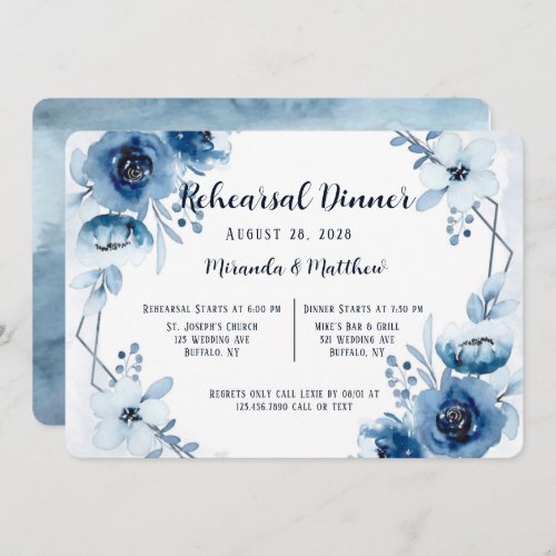 Dusty And Navy Blue Peony Rehearsal Dinner Invitation