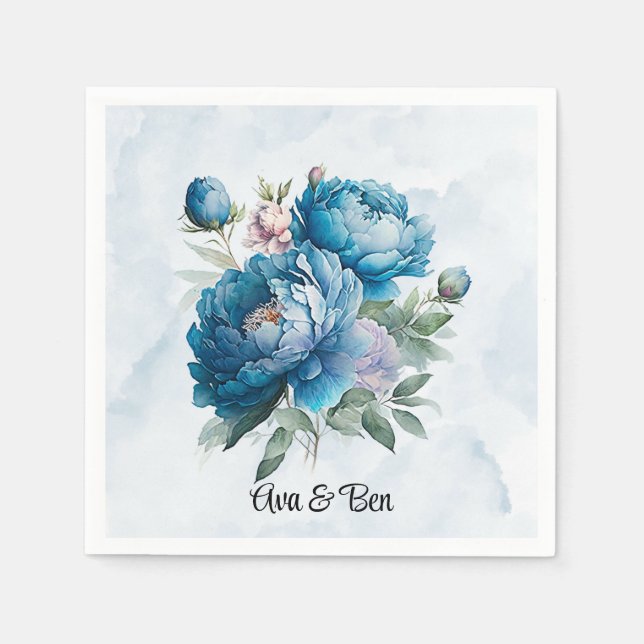 Dusty and Navy Watercolor Peony Wedding Napkins (Front)