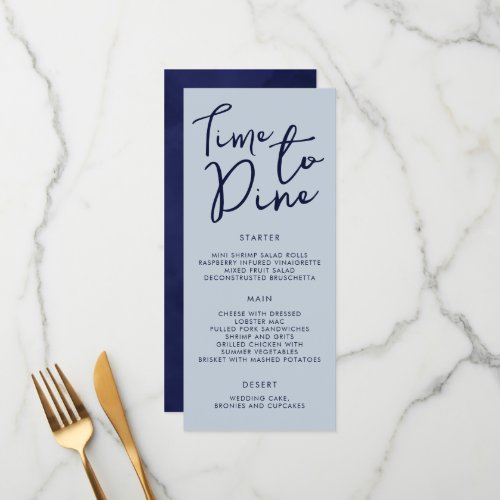 Dusty and Royal Blue Elegant Script Wedding Menu